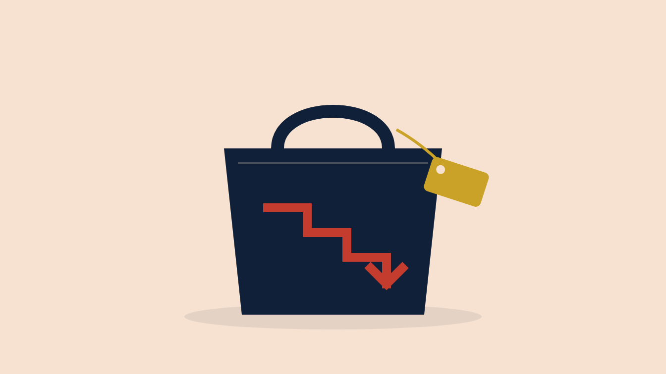 Navy shopping bag with a red price line stepping downward and a gold sale tag, on a warm salmon ground