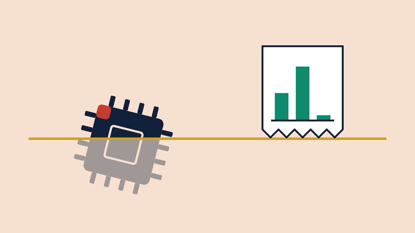 A computer chip sinking below a gold line while a receipt with rising sales bars stands tall — chips fell, retail rang