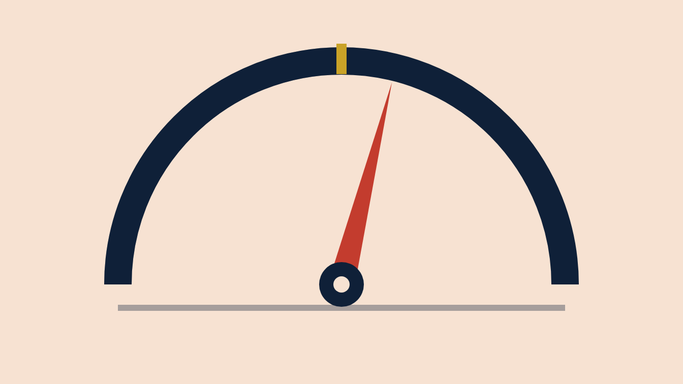 A navy gauge whose red needle has tipped just past the halfway mark
