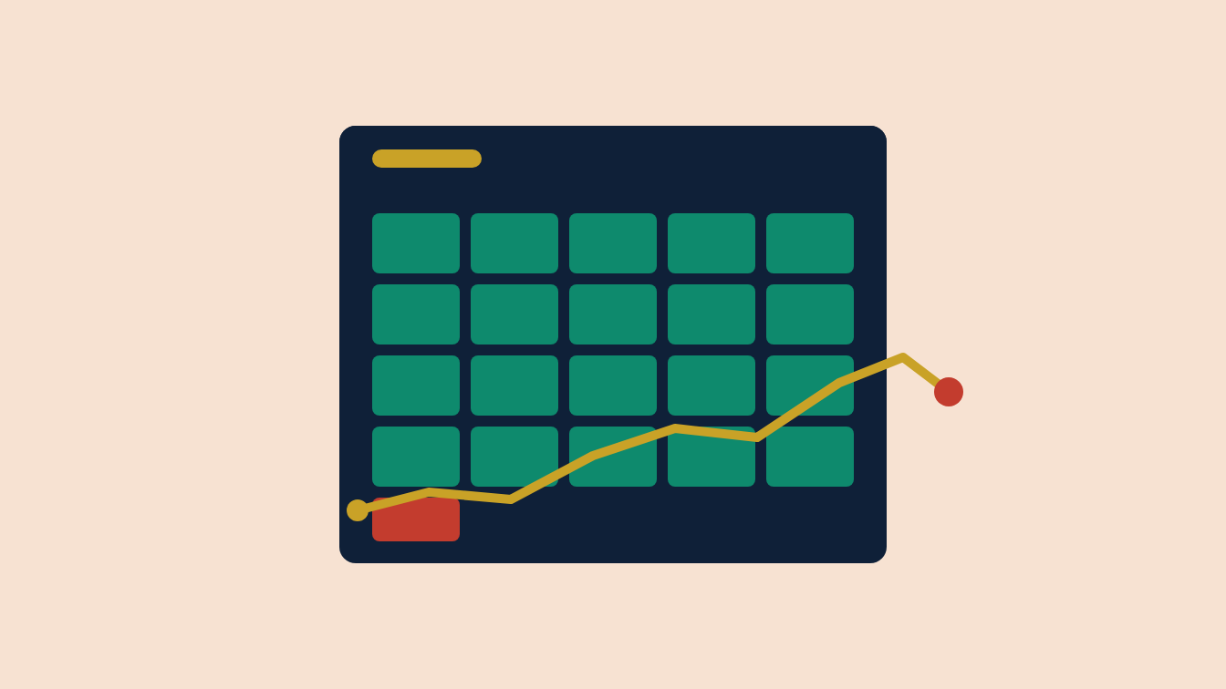 A calendar month of teal sessions with the last day marked in red, and a rising gold line dipping at its end