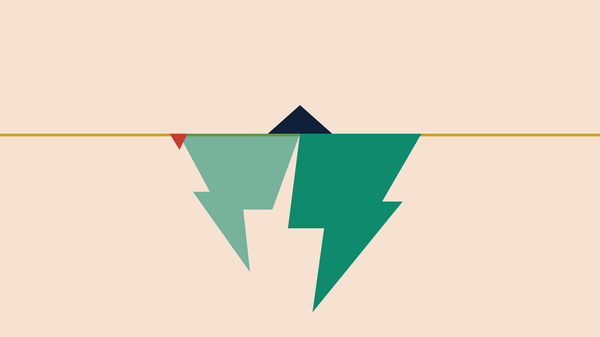 A tiny calm peak above a gold waterline hides a huge jagged mass below the surface