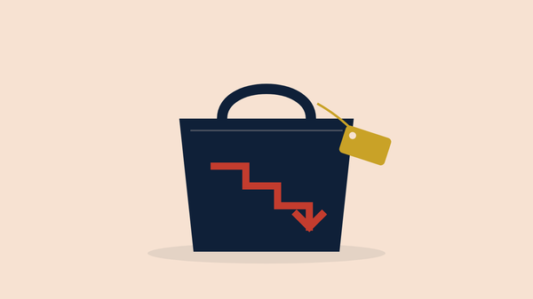 Navy shopping bag with a red price line stepping downward and a gold sale tag, on a warm salmon ground