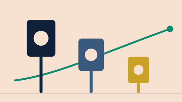 Three flat-vector bidding paddles of descending height in navy, blue and gold, with a teal line rising behind them.