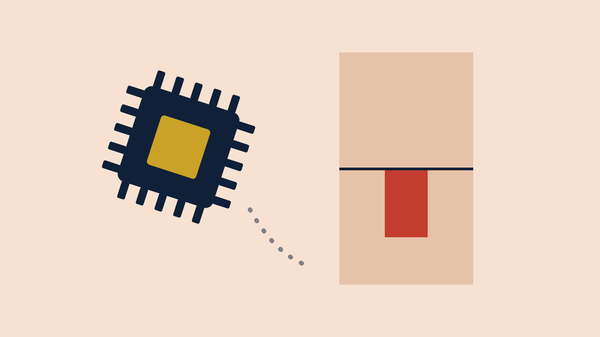 A tipping microchip beside a shaded range with a red bar inside it
