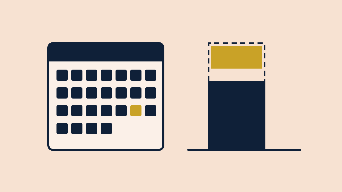 A calendar page with one week marked in gold beside a bar whose fall is mostly shaded gold