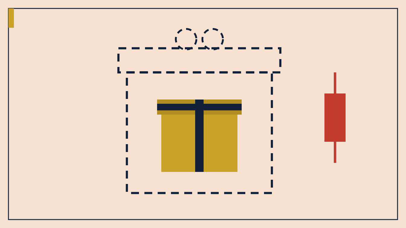 A dashed outline of a large gift box with a smaller solid gold gift inside, beside a falling red candlestick