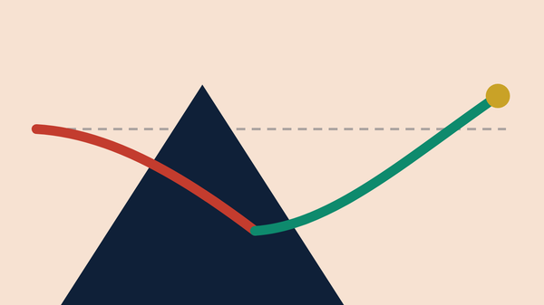 A market line dips below its opening level, recovers, and closes above it beside a navy mountain