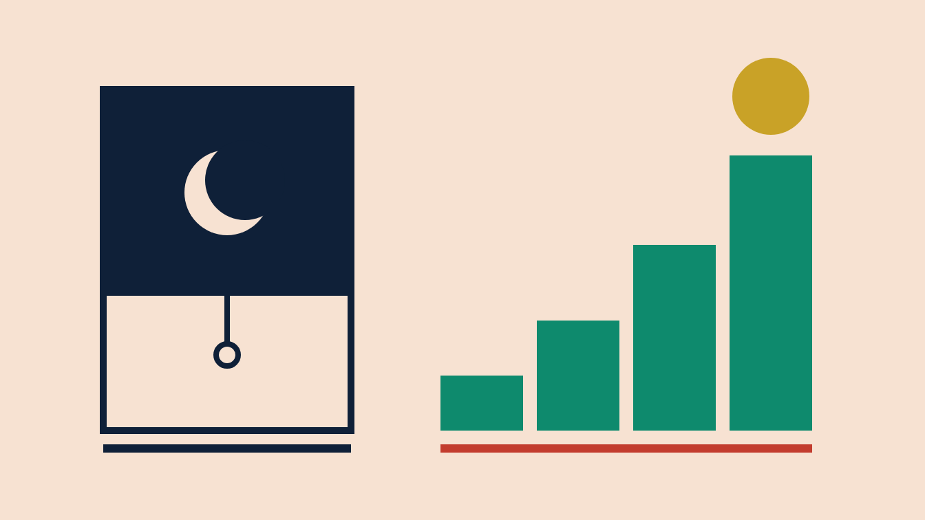 Flat vector scene: a navy window shade with a crescent moon beside teal steps climbing toward a gold sun