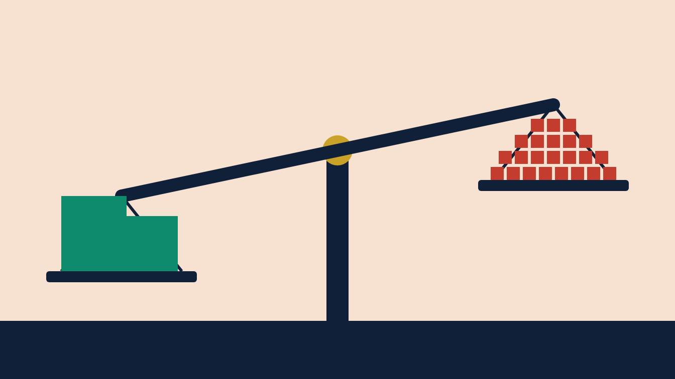 A balance scale: two large teal blocks outweigh a heap of small brick cubes