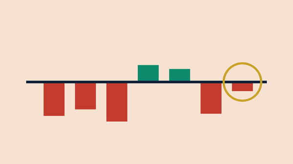 Flat-vector scene: a navy horizontal line with red blocks below and teal blocks above, the last red block sitting just under 