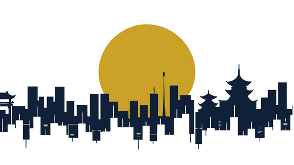 Dawn over an Asian skyline of candlestick buildings