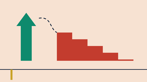 A rising teal column with an arrowhead on the left, a dashed navy sweep, and a red staircase stepping down on the right.