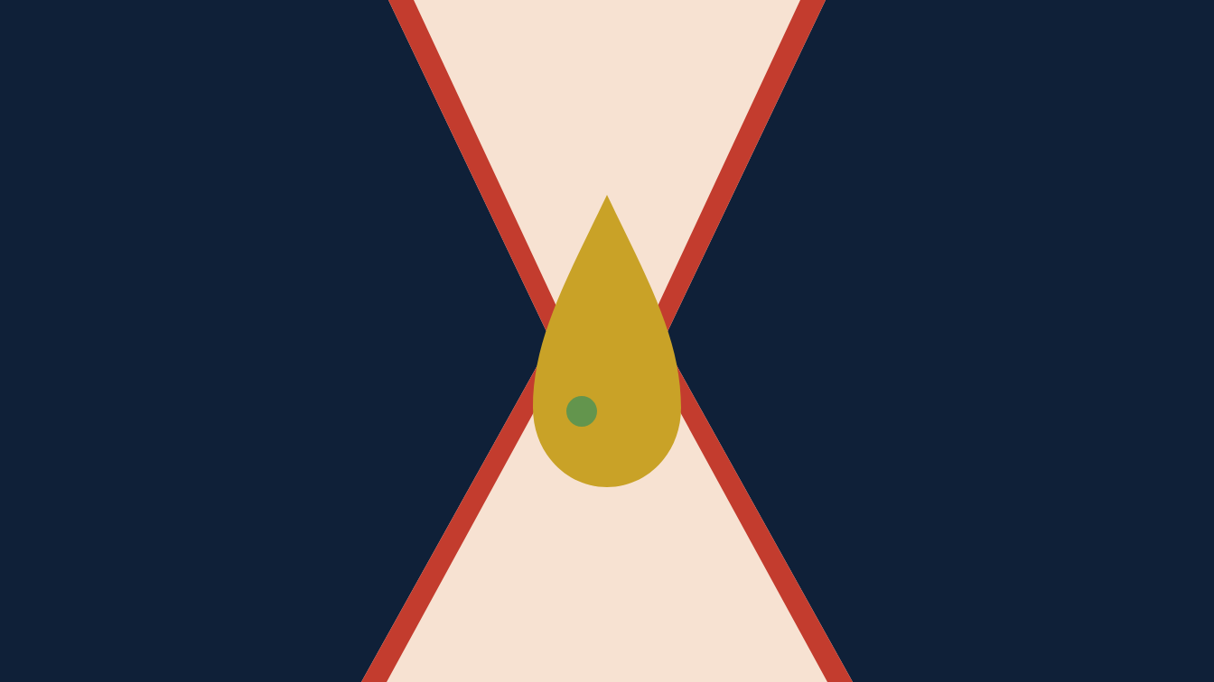 Two navy headlands pinch a narrow strait; an oversized gold oil drop is caught in the gap