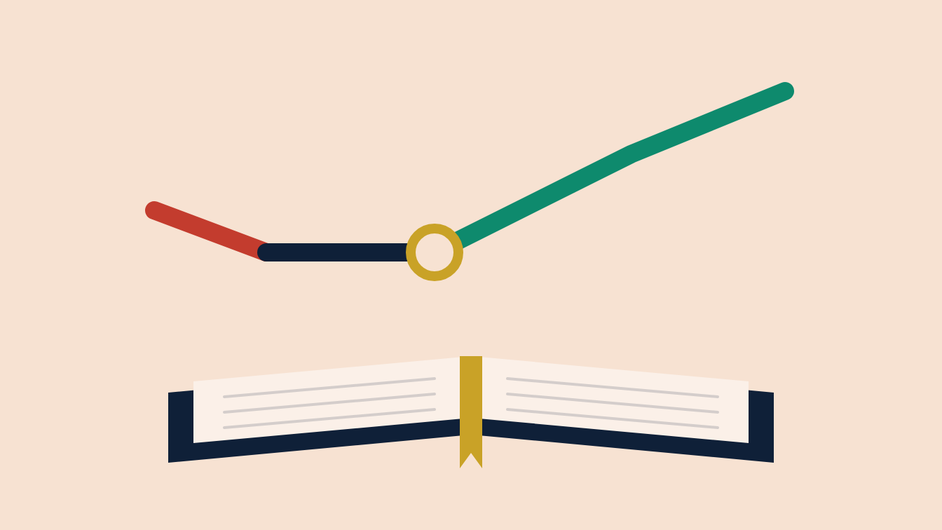 Open book with a gold bookmark; a chart line above it dips, flattens, then rises