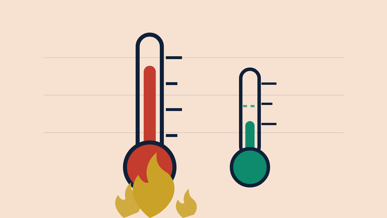 Flat vector scene: a tall thermometer with red mercury heated by a gold flame beside a smaller thermometer with green mercury