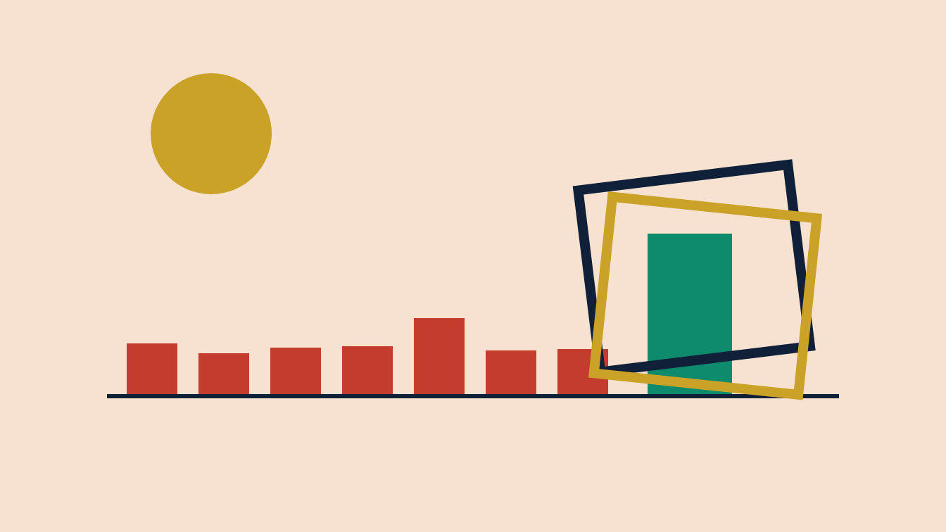 Seven small red blocks and one tall green block, framed twice in rival navy and gold frames