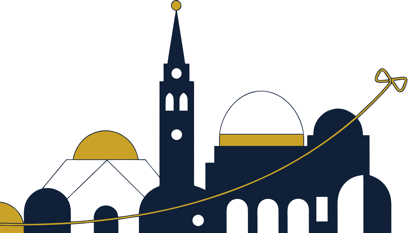 European landmarks with a rising line threading through