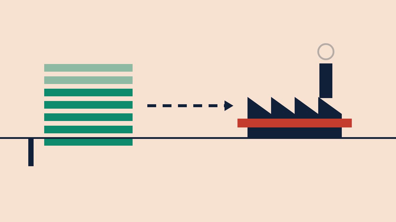 A stack of green order slips beside a dark factory roof crossed by a red bar