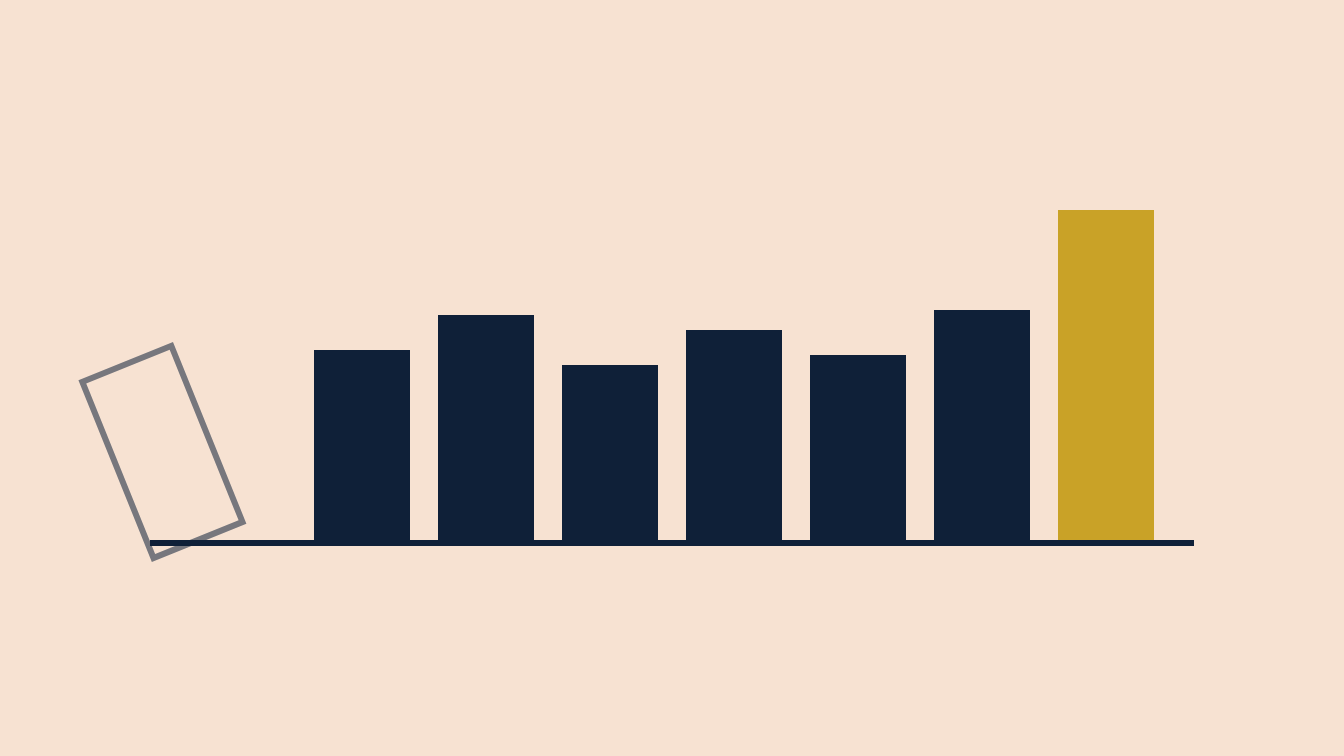 A row of navy bars on a salmon ground: one bar tips away at the left while a taller gold bar joins at the right.