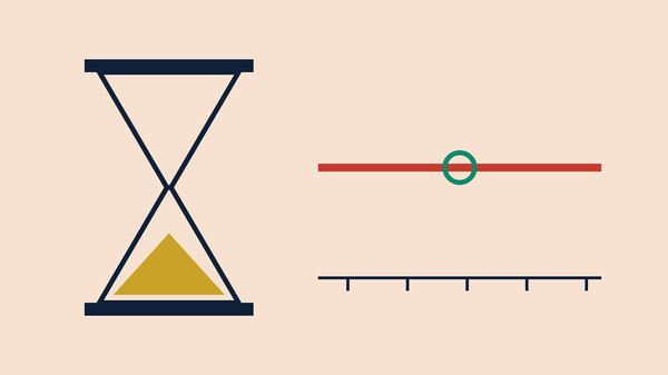 Flat vector scene: an hourglass with all its gold sand run out beside a level brick-red price line circled in teal
