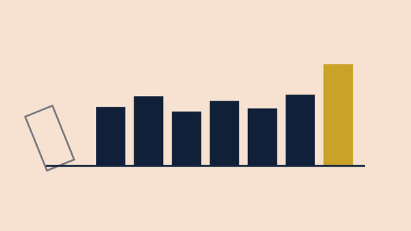 A row of navy bars on a salmon ground: one bar tips away at the left while a taller gold bar joins at the right.